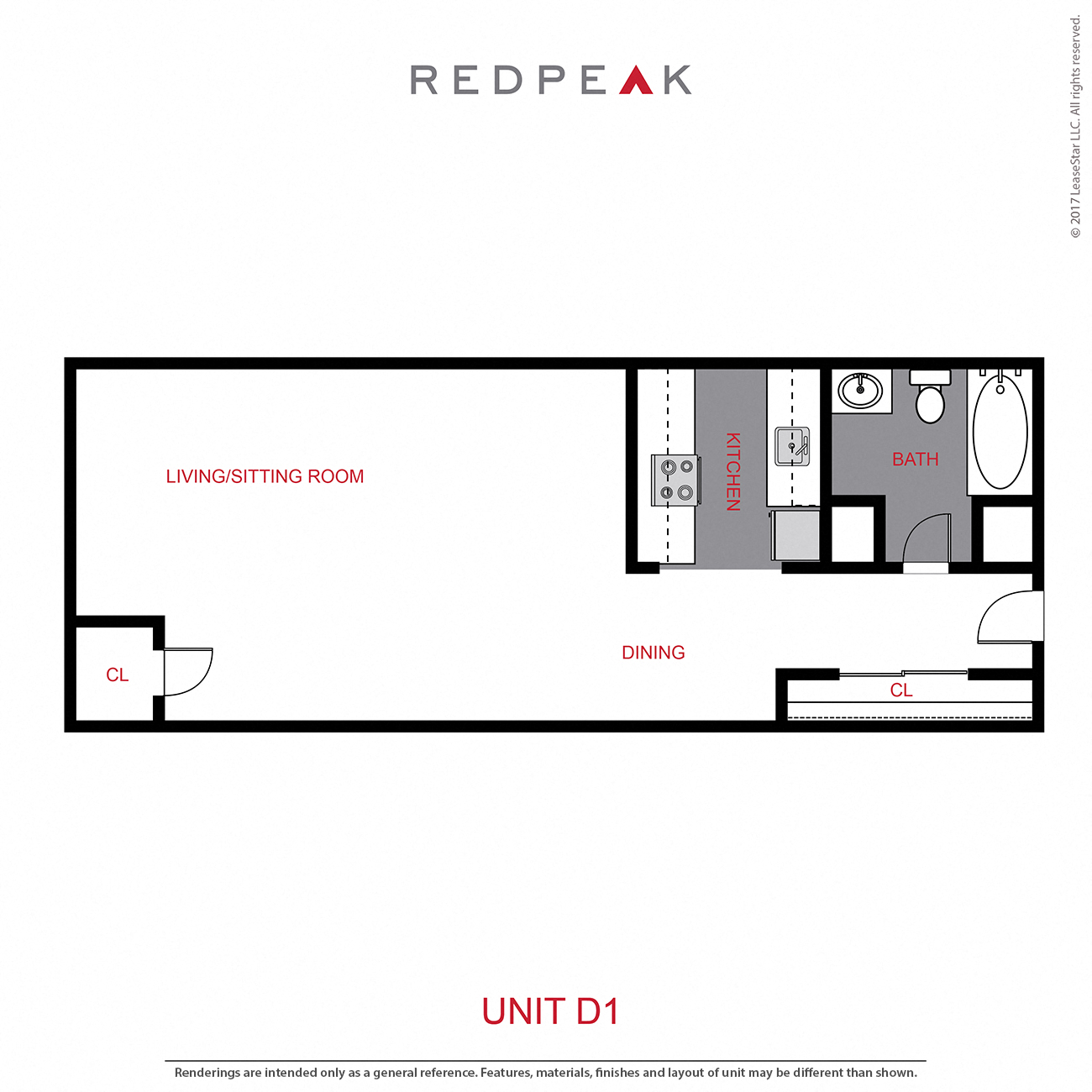 Floor plan for studio, 1 bath, 565 sqft